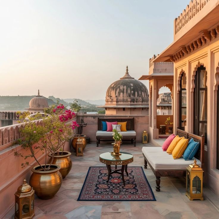a scenic rooftop terrace of a traditional…
